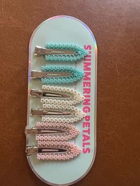 Shimmering Petals Pearl Hair Clips - Blue, White & Pink - Faux Pearl